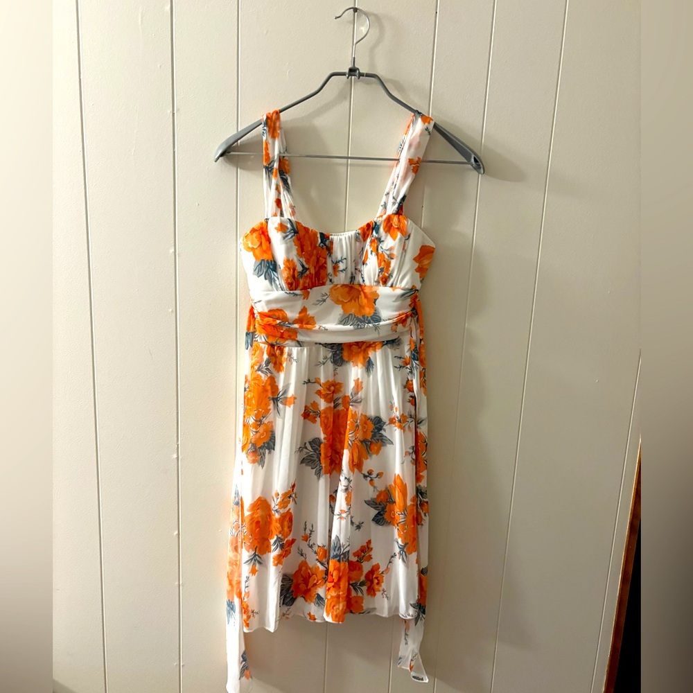 Speechless Orange White Pleated Sundress Sweetheart Neckline babydoll floral S
